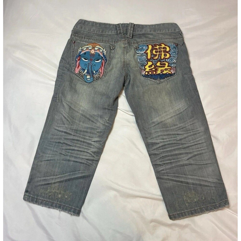 VTG 00s Laminated Embroidered Pocket Denim Capri Jeans Low Rise 27 Women Y2K 90s